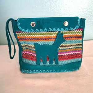 Blue suede Peru llama purse woven stitched 7 x 6 inch
